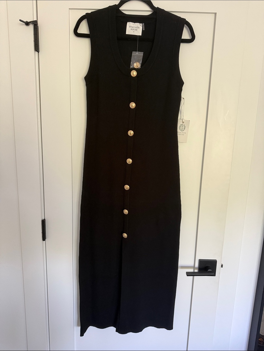 NWT Hyacinth House Sleeveless Black Knit Midi Dress with Gold Buttons